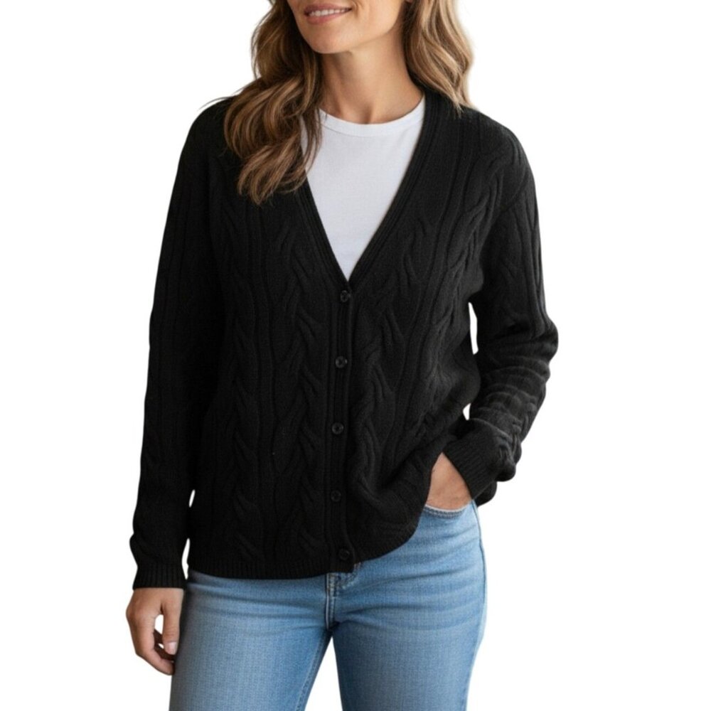 Paul Harris Lambswool Cardigan Sweater Black Cable Knit Womens Size M